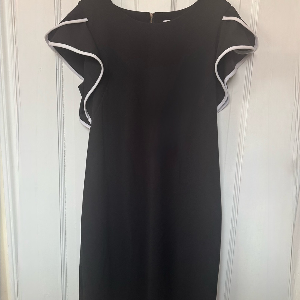 Elegant Black Calvin Klein Sheath Dress with White Trim Ruffle Sleeves